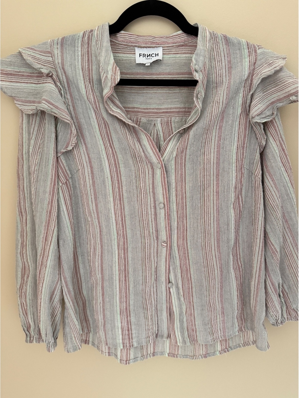 M Cotton Top by FRNCH Paris, strips/ruffles, button-up